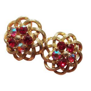 Vintage Lisner Screwback Earrings, Pink Opalescent Rhinestone Elegant Gold Tone